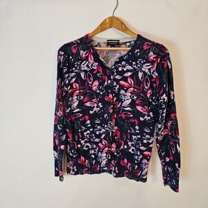 Lands' End Floral Print Button-Front Cardigan Sweater 100% Cotton M